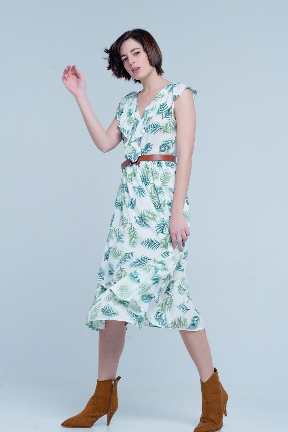 Green Printed Midi Dress with Ruches Q2 Dresses BoutiqueLua