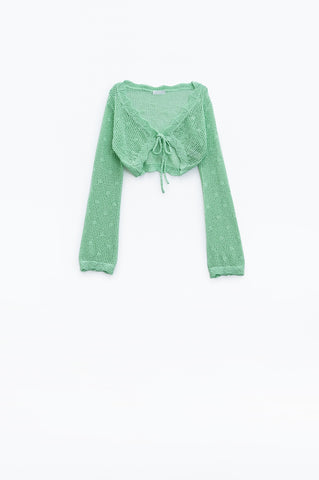 Green short crochet cardigan with lurex detail