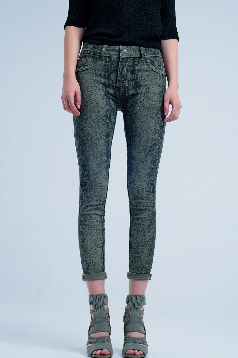 Green skinny reversible jeans with snake print Q2 Jeans BoutiqueLua