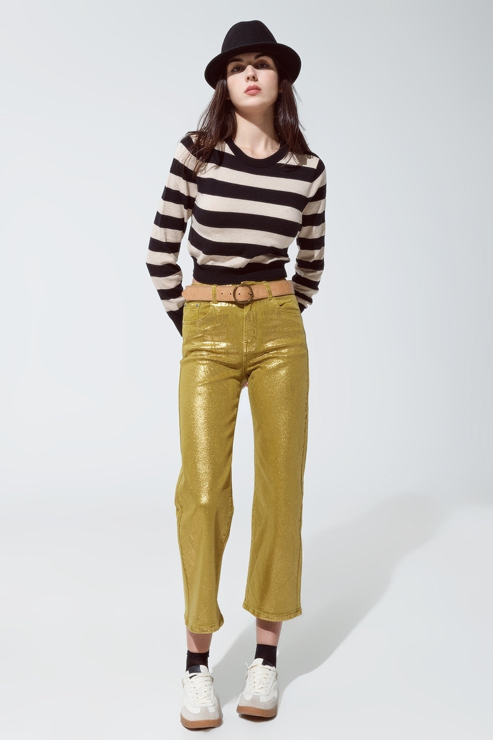 Green straight leg jeans with gold metallic glow Q2 Jeans BoutiqueLua