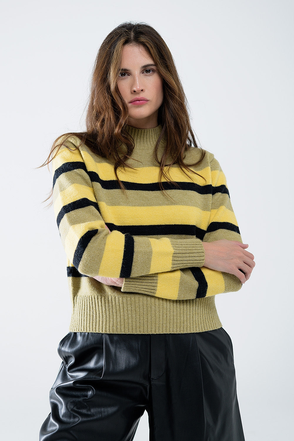 Q2 Green sweater with black and yellow stripes