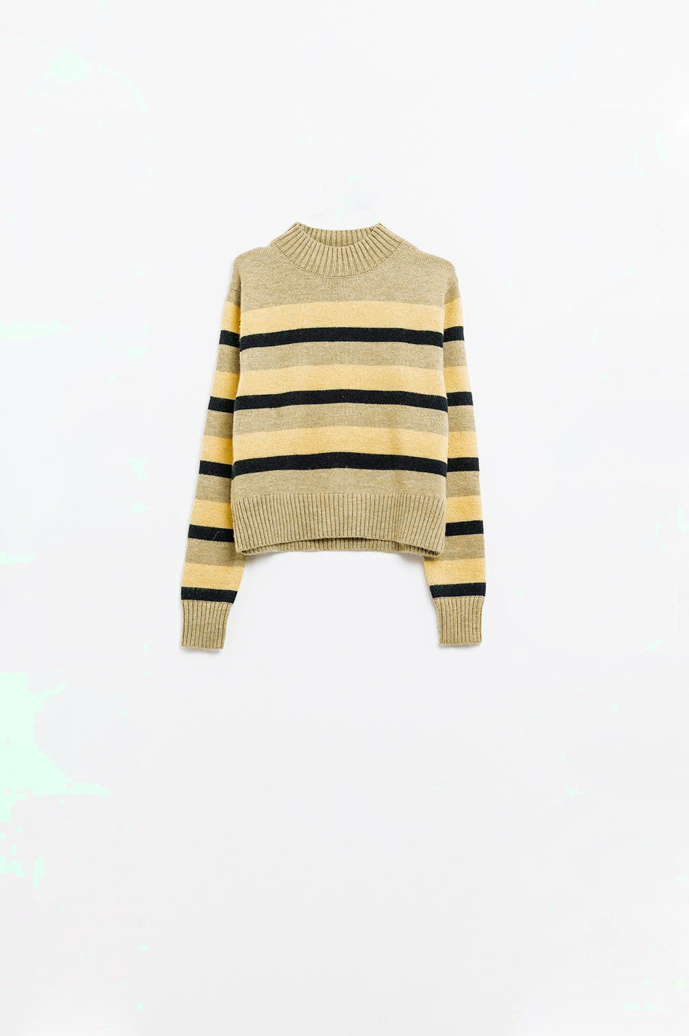 Green sweater with black and yellow stripes