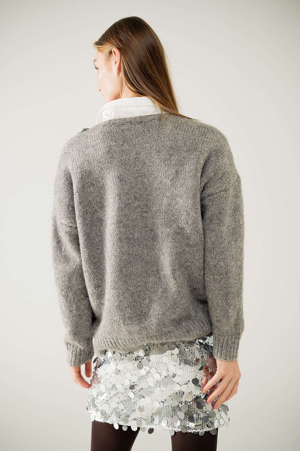 Grey V-neck sweater with sequin detail