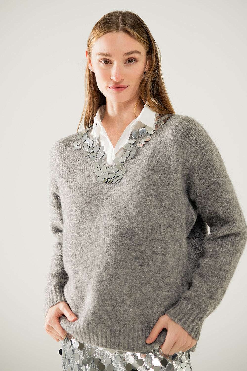 Grey V-neck sweater with sequin detail