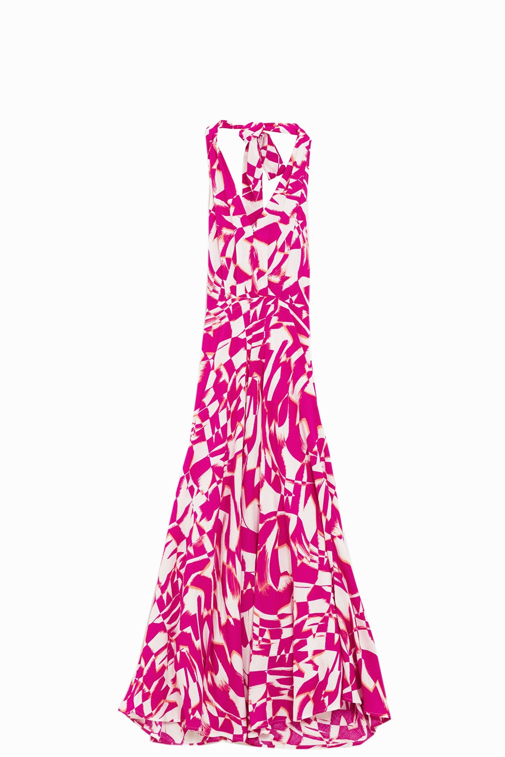 Halter Midi Dress with Cinched Waist In Abstract fuchsia and White Print Q2 Dresses BoutiqueLua