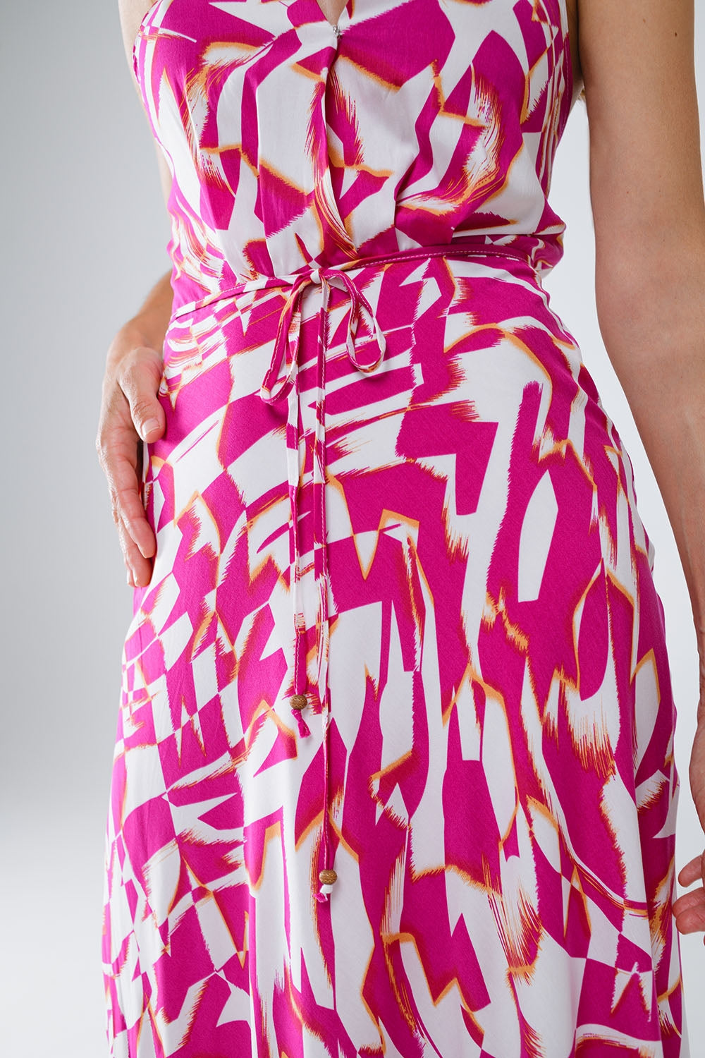 Halter Midi Dress with Cinched Waist In Abstract fuchsia and White Print Q2 Dresses BoutiqueLua