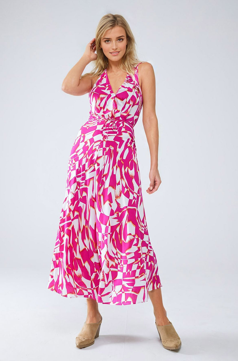 Halter Midi Dress with Cinched Waist In Abstract fuchsia and White Print Q2 Dresses BoutiqueLua