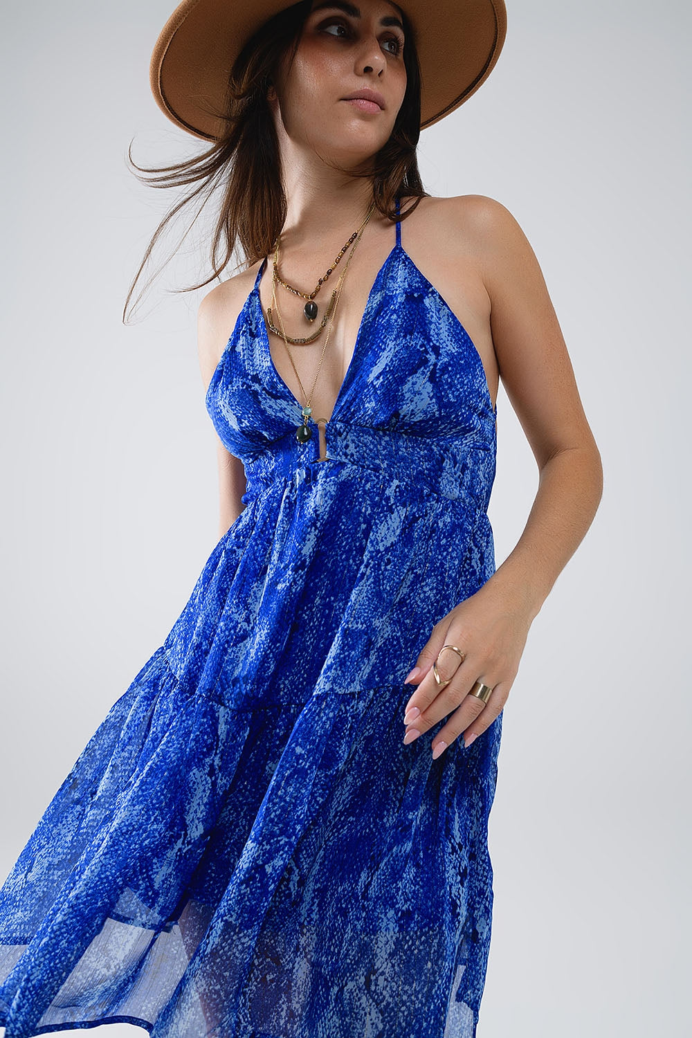 Halter Open Back BabyDoll Dress in snake Blue Print Q2 Dresses BoutiqueLua