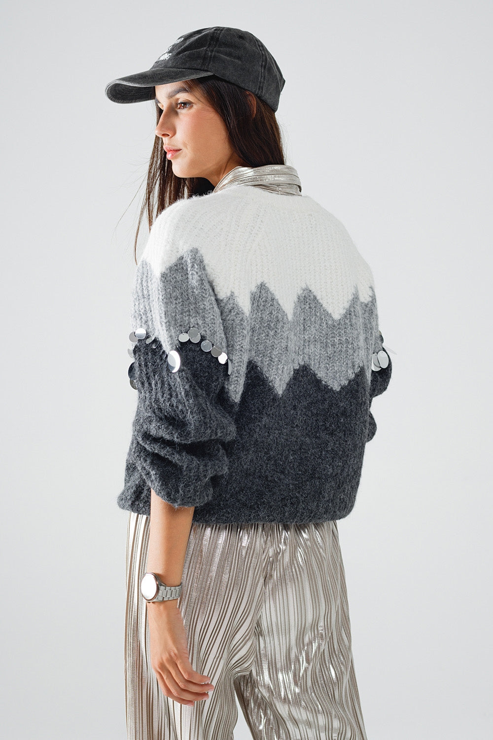 Herringbone Pattern Sweater With Sequin Details In Grey Q2 Sweaters BoutiqueLua