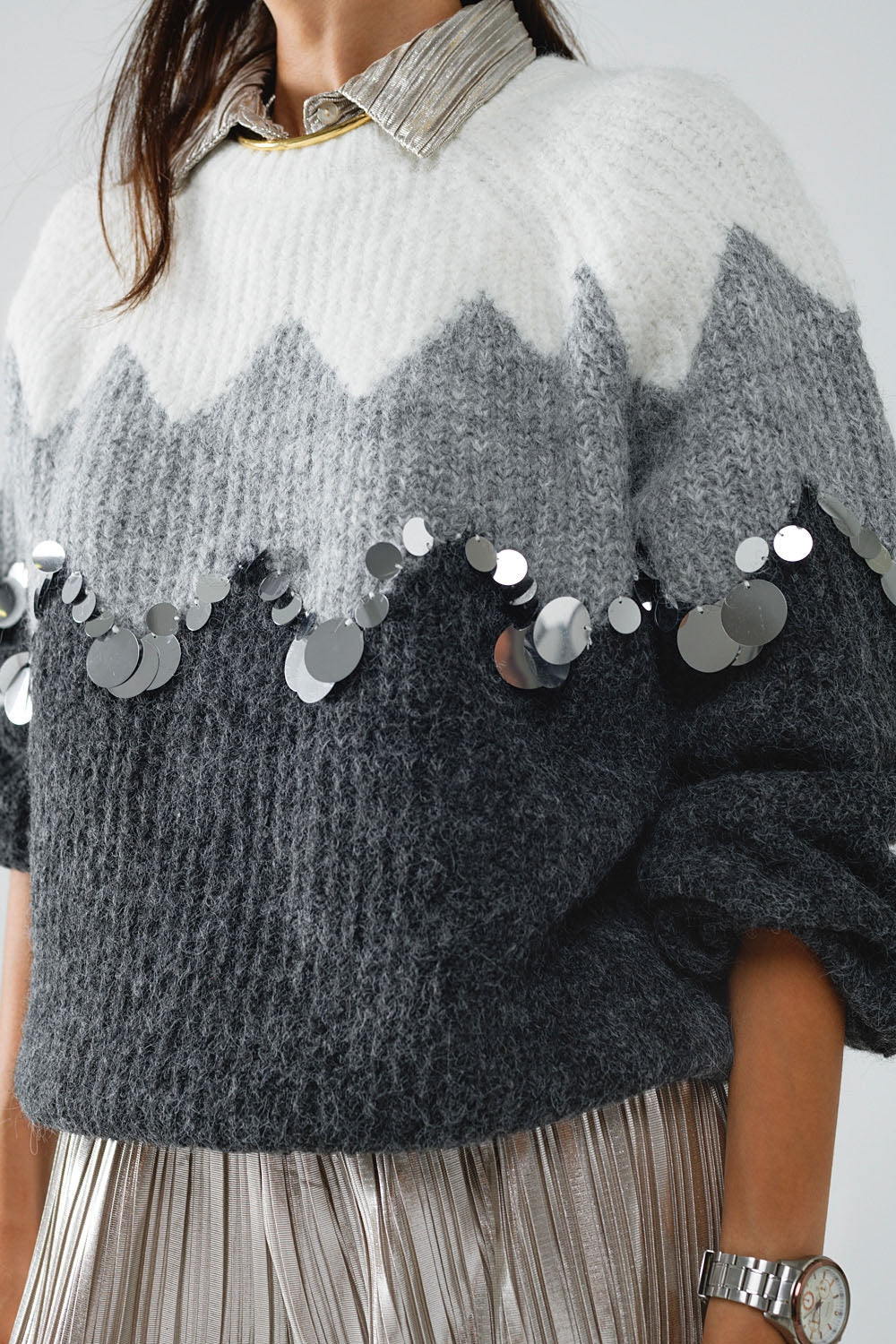 Herringbone Pattern Sweater With Sequin Details In Grey Q2 Sweaters BoutiqueLua