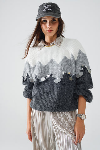 Herringbone Pattern Sweater With Sequin Details In Grey