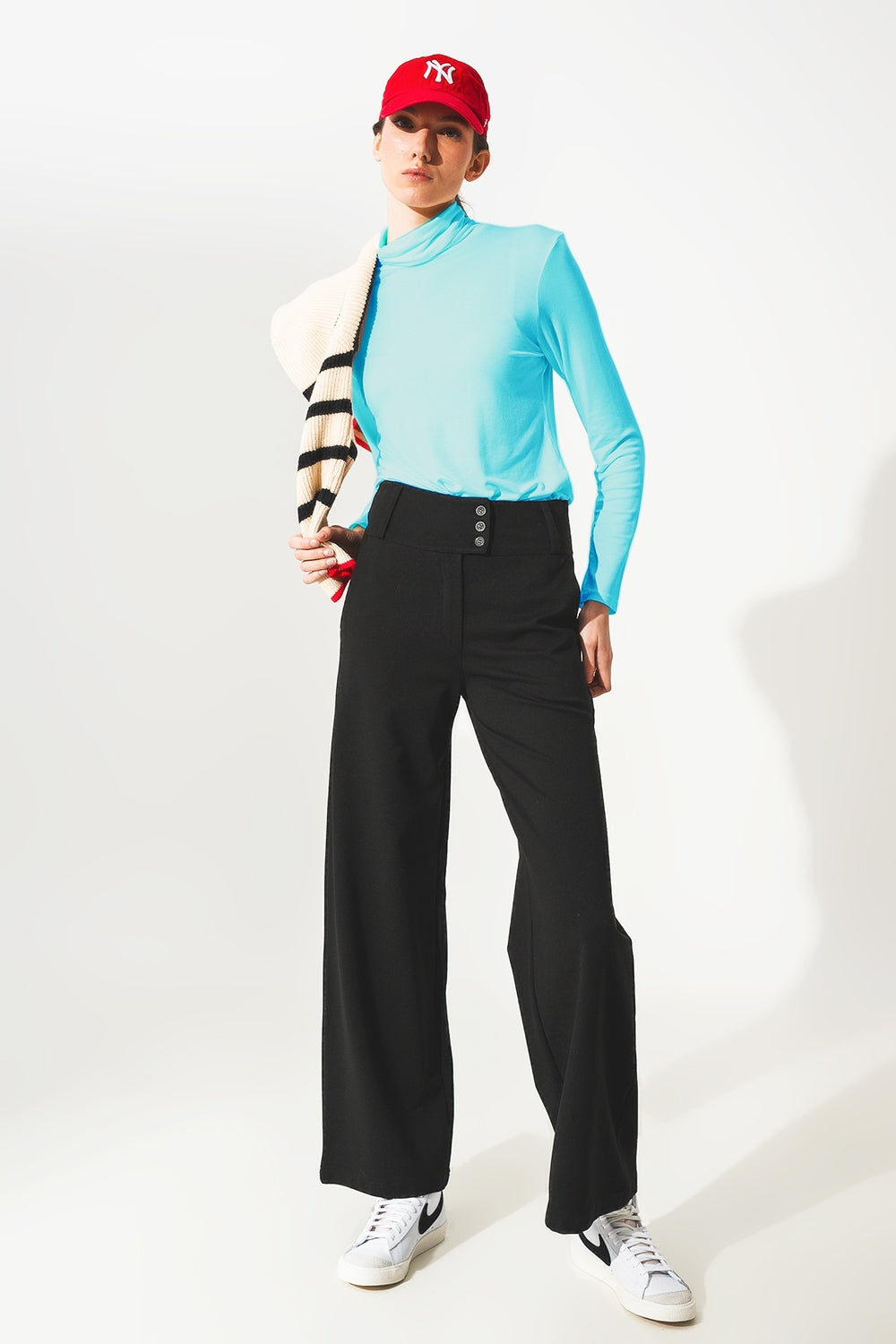 High neck long sleeve top in modal blue Q2 Tops BoutiqueLua