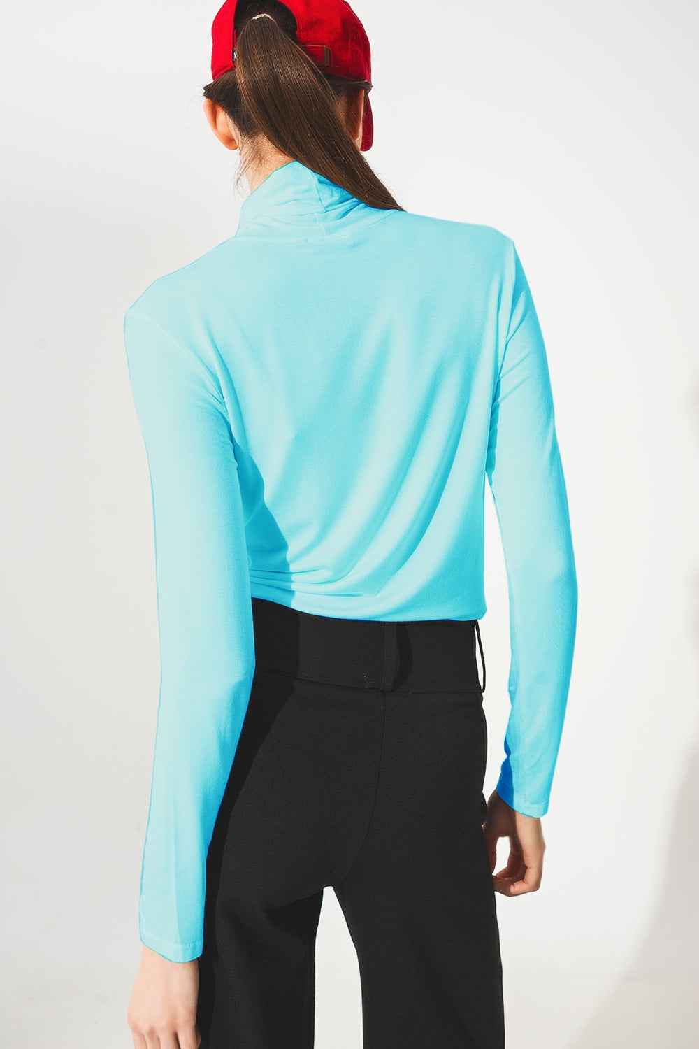 High neck long sleeve top in modal blue Q2 Tops BoutiqueLua