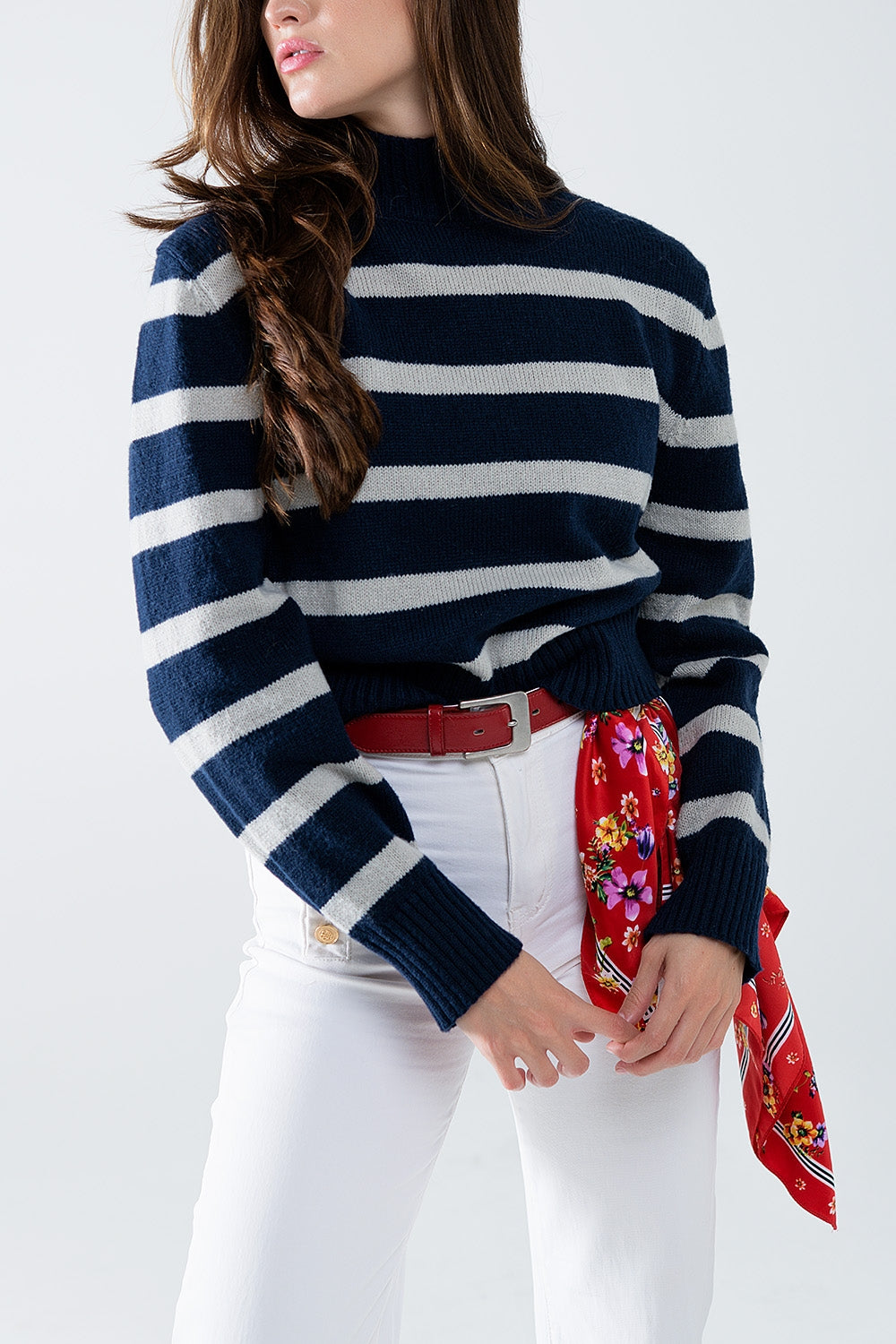 Q2 High Neck striped Sweater in navy and grey