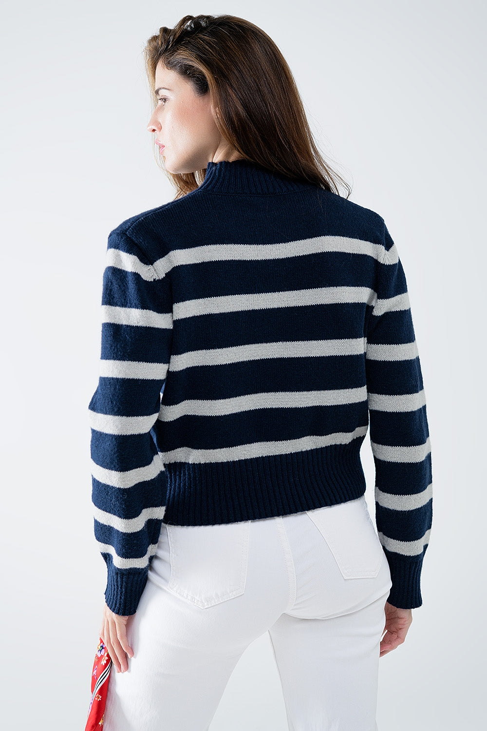 High Neck striped Sweater in navy and grey