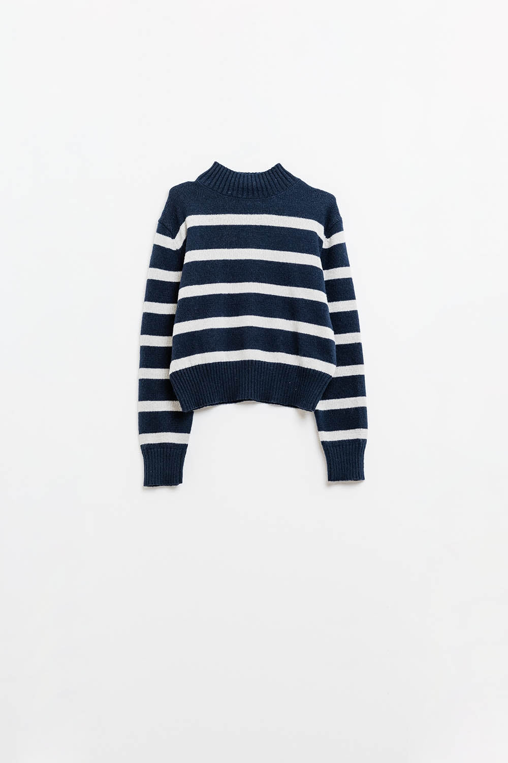 High Neck striped Sweater in navy and grey