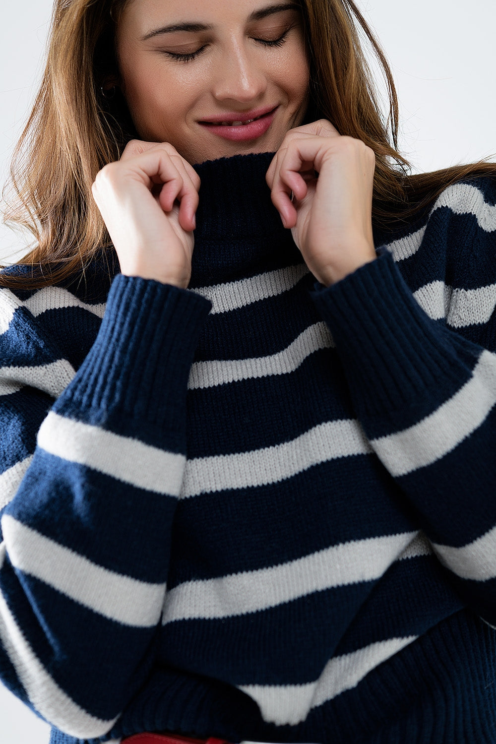 High Neck striped Sweater in navy and grey