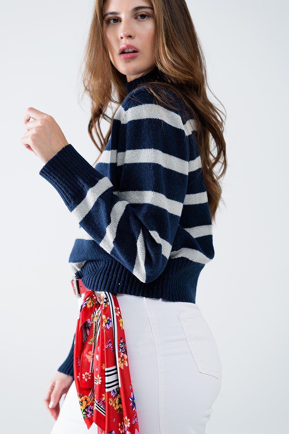 High Neck striped Sweater in navy and grey