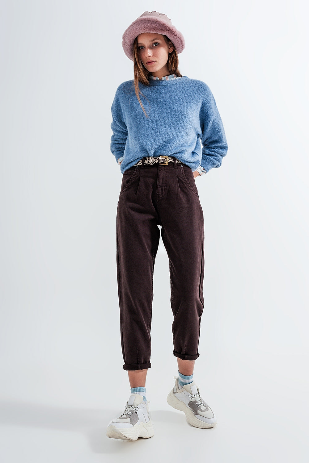 High rise jeans with pleat front in brown Q2 Jeans BoutiqueLua