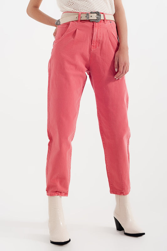 Q2 High rise mom jeans with pleat front in pink