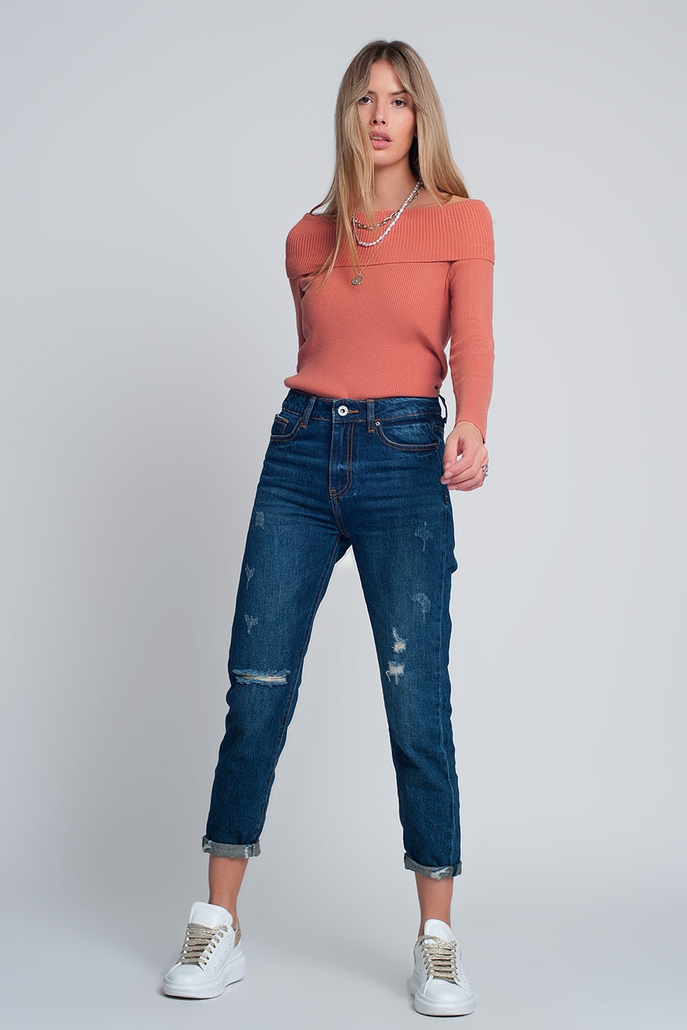 High rise slim mom jeans in blue wash with front rips Q2 Jeans BoutiqueLua