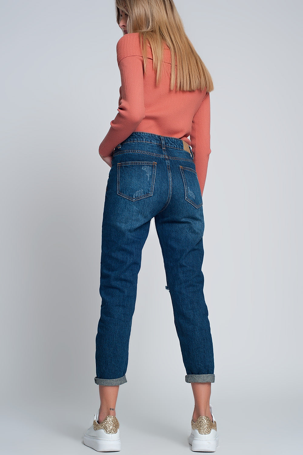 High rise slim mom jeans in blue wash with front rips Q2 Jeans BoutiqueLua