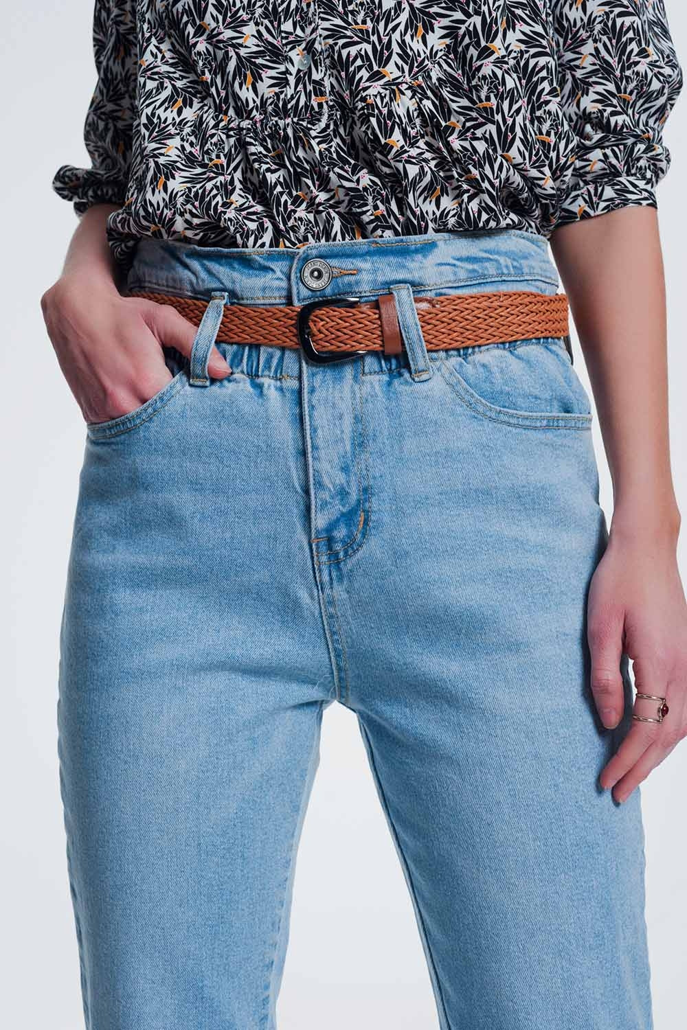 high waist mom jeans with belt in light denim Q2 Jeans BoutiqueLua