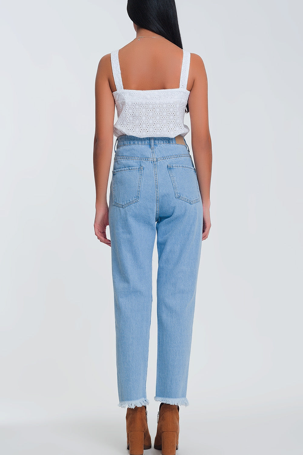 High waist mom jeans with busted knees in light denim Q2 Jeans BoutiqueLua