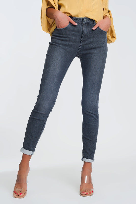 Q2 High Waisted Denim Jeans In Glitter Fabric