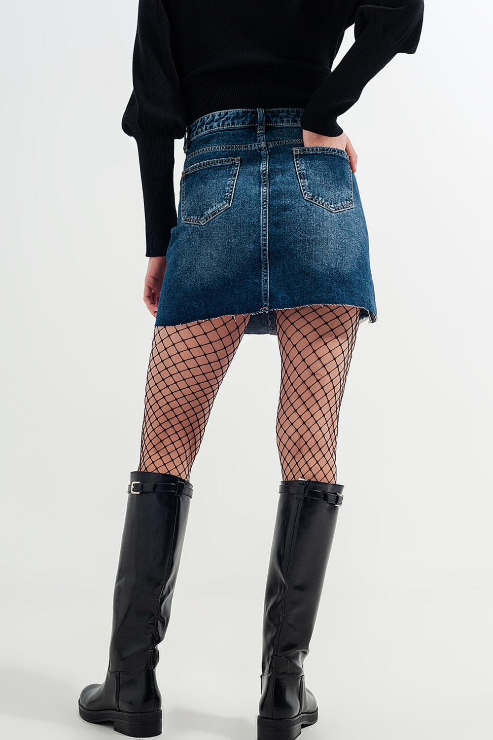 High waisted denim mini skirt with medium washed ripped Q2 Skirts BoutiqueLua