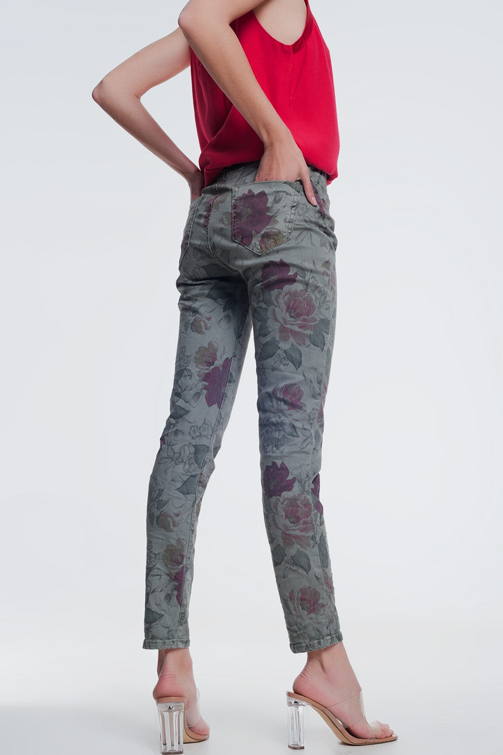 khaki boyfriend jeans with floral print Q2 Jeans BoutiqueLua