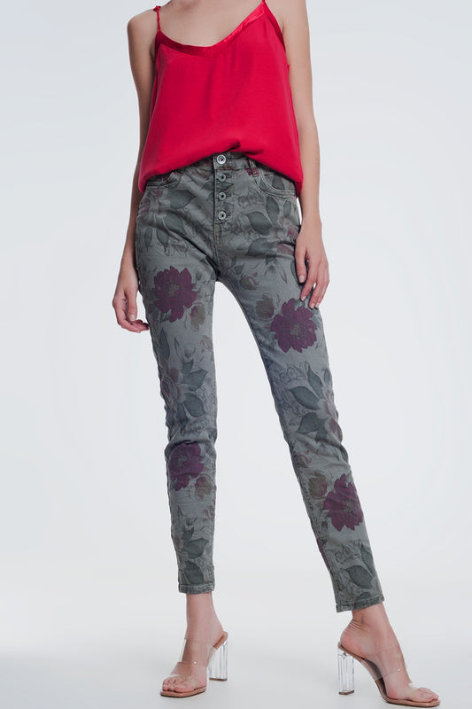 Q2 khaki boyfriend jeans with floral print