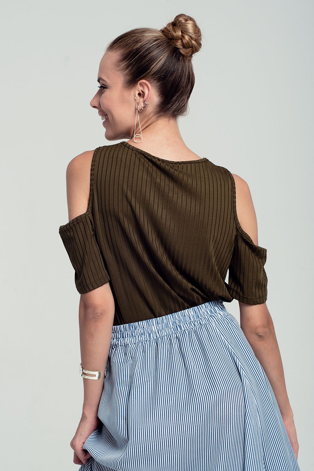 Khaki cold shoulder top Q2 Tops BoutiqueLua