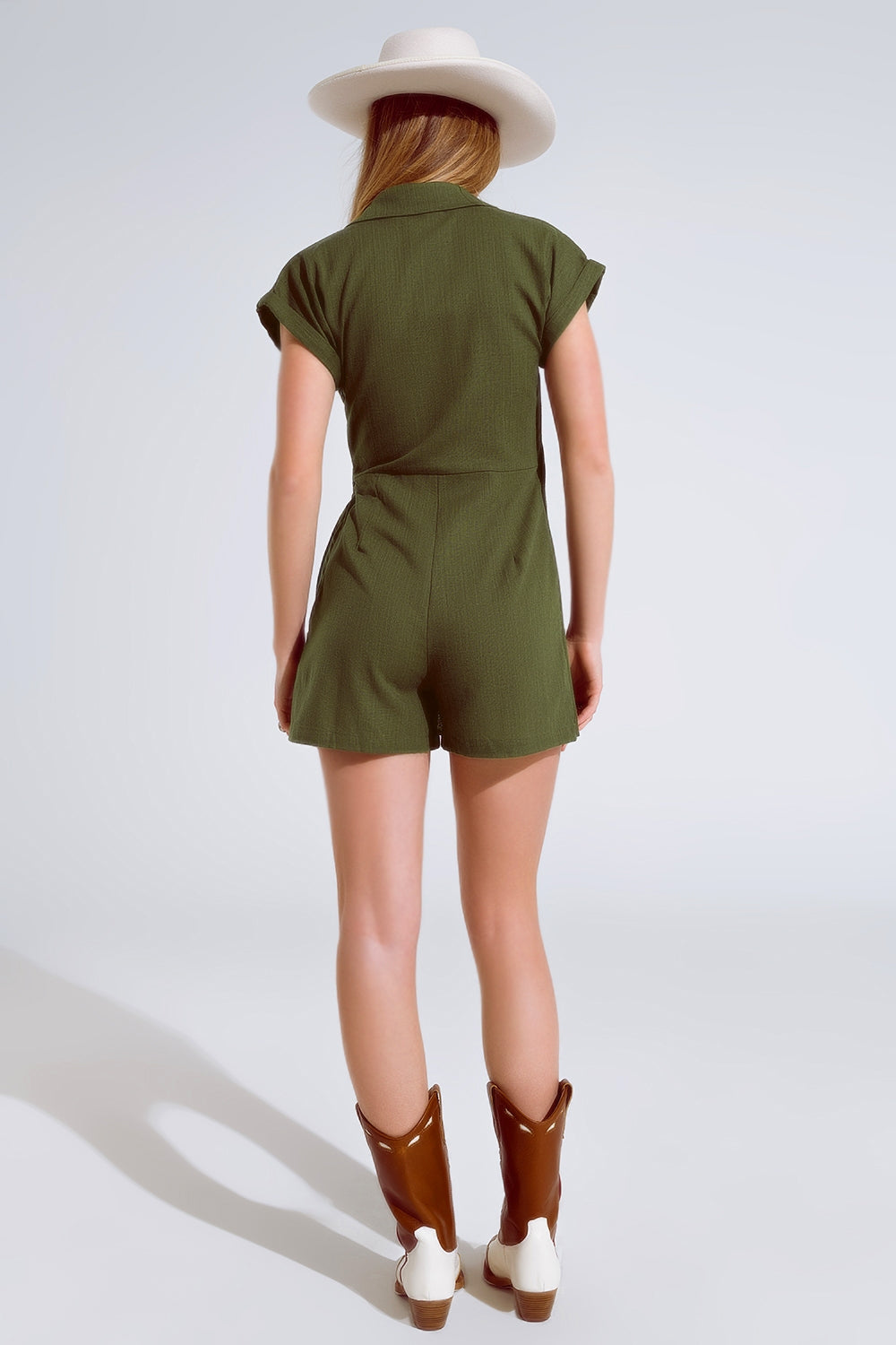 Khaki playsuit With Tie Closing At The Side Q2 Dresses BoutiqueLua