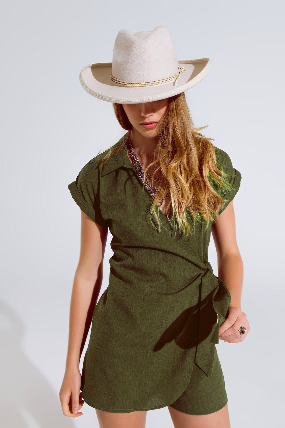 Khaki playsuit With Tie Closing At The Side Q2 Dresses BoutiqueLua