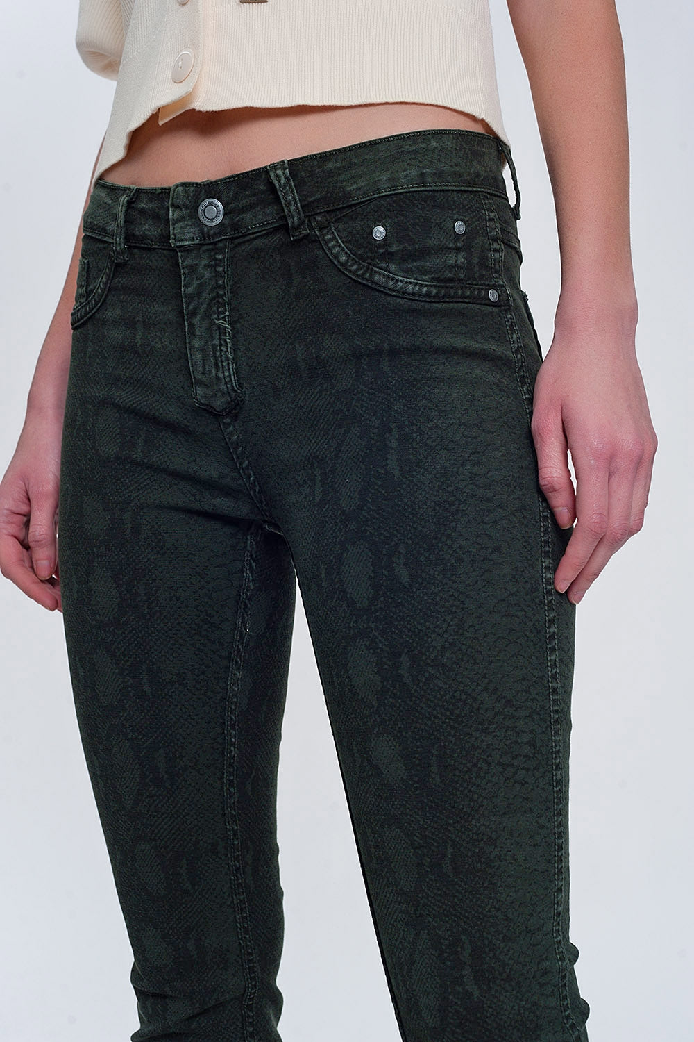 Khaki super skinny reversible pants with snake print Q2 Jeans BoutiqueLua