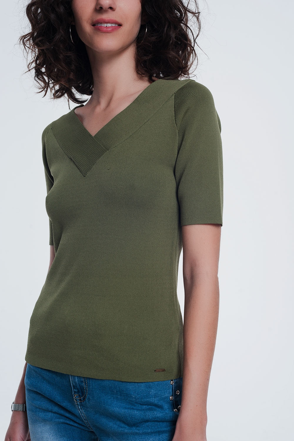 khaki sweater with v neck and short sleeves Q2 Sweaters BoutiqueLua