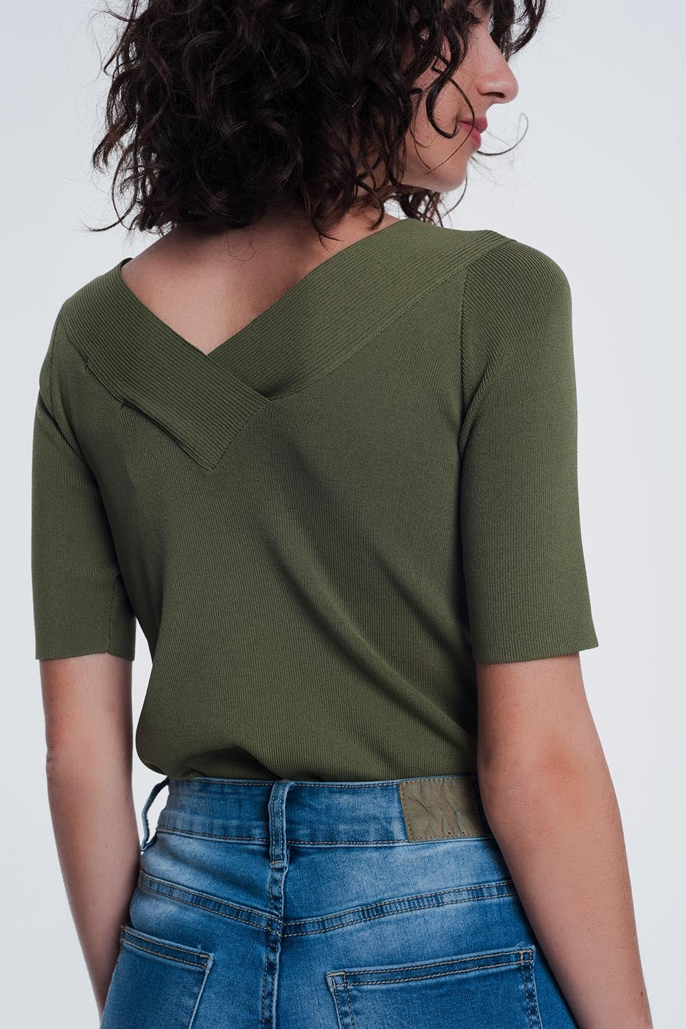 khaki sweater with v neck and short sleeves Q2 Sweaters BoutiqueLua