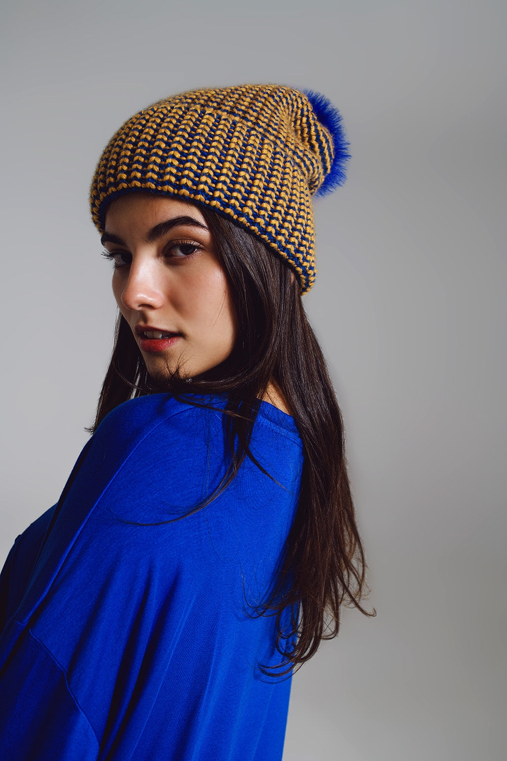 Knitted Beanie With Pom Pom in Blue and Yellow Q2 Hats BoutiqueLua