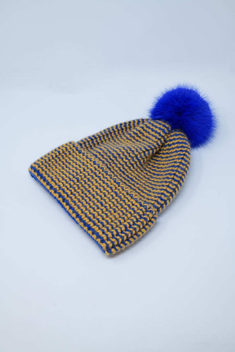 Knitted Beanie With Pom Pom in Blue and Yellow Q2 Hats BoutiqueLua