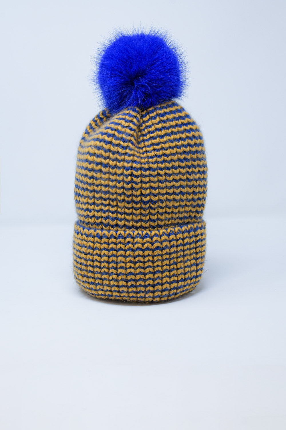 Knitted Beanie With Pom Pom in Blue and Yellow Q2 Hats BoutiqueLua