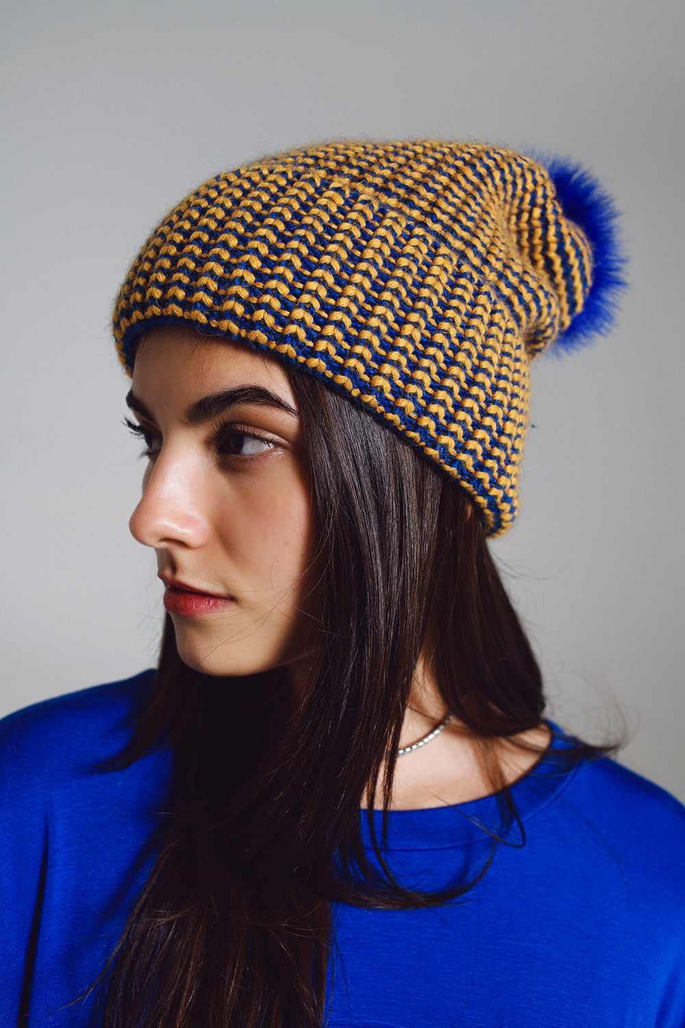 Q2 Knitted Beanie With Pom Pom in Blue and Yellow