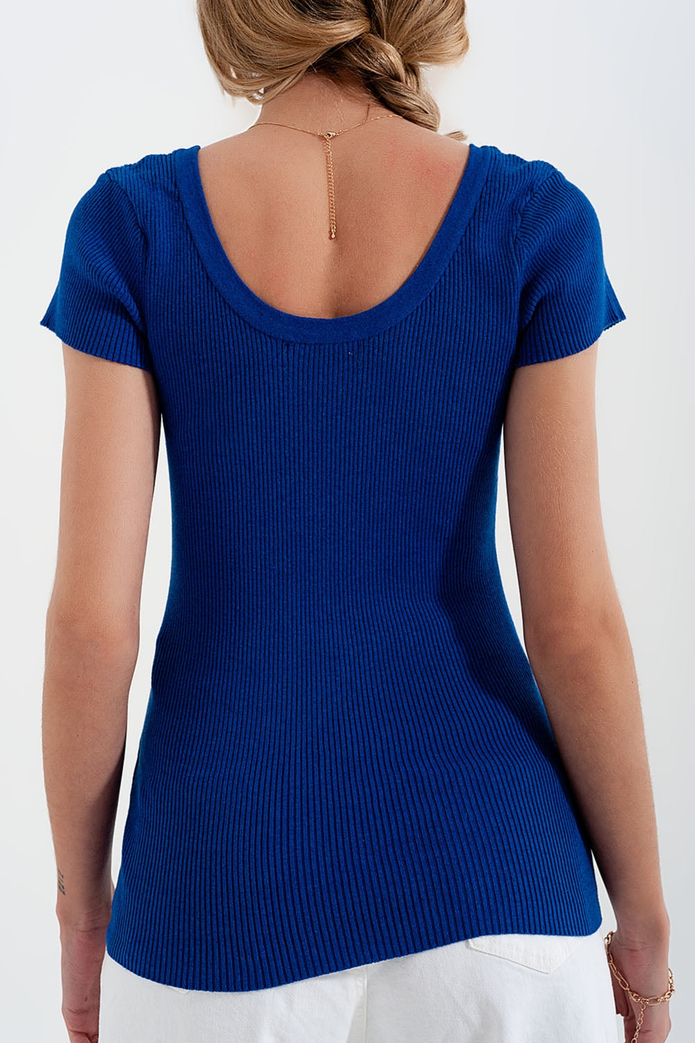 Knitted fit rib crew neck sweater in Blue Q2 Sweaters BoutiqueLua