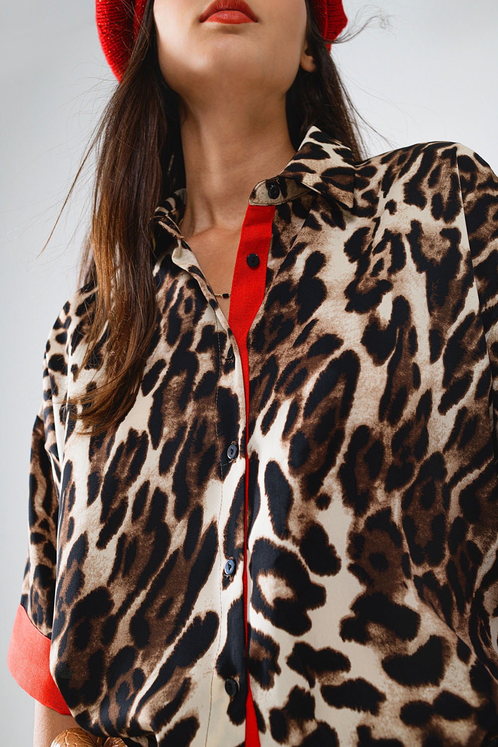 Leopard 3/4 Sleeves Shirt WIth Red Details Q2 Shirts BoutiqueLua