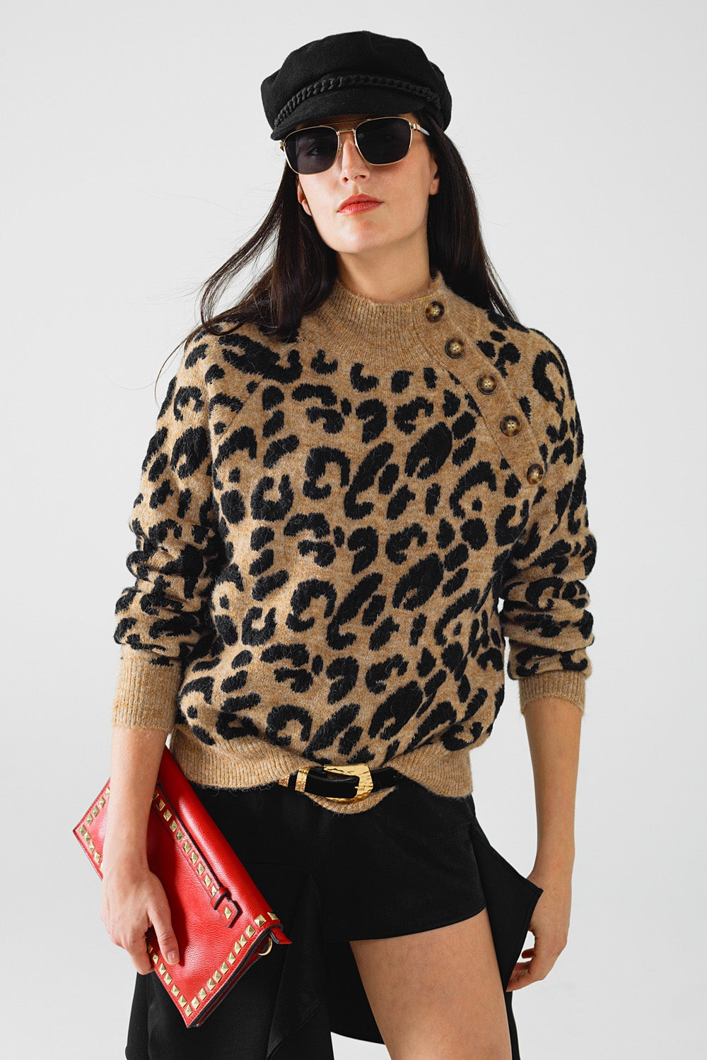 Q2 Leopard knit sweater with buttons on the side