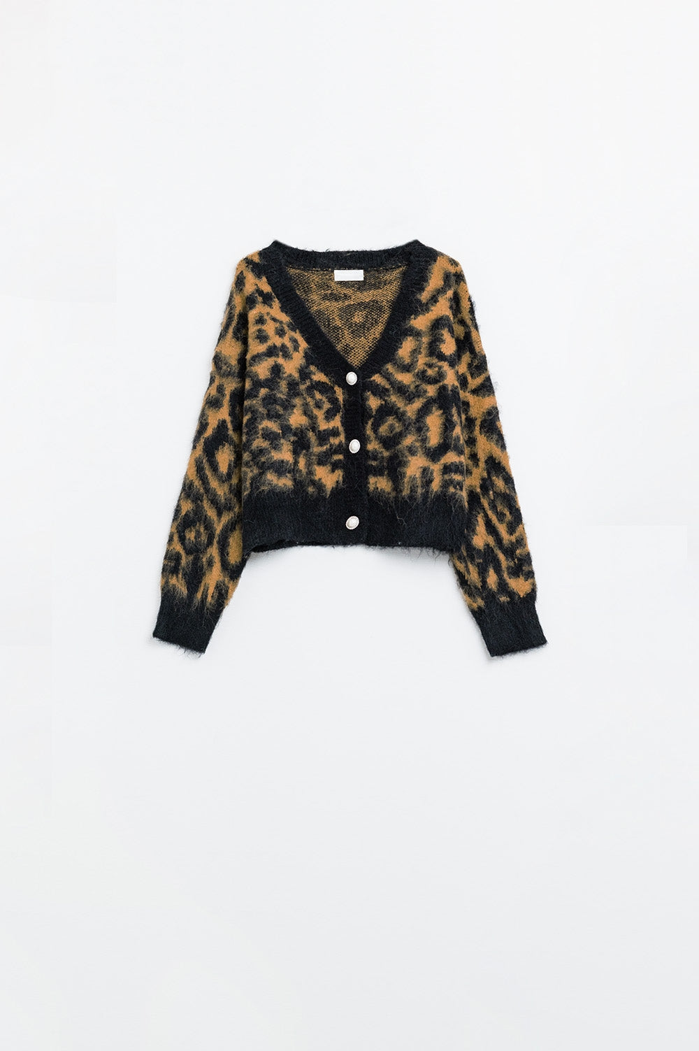 Leopard print cardigan made of knitted fabric with wool in Camel