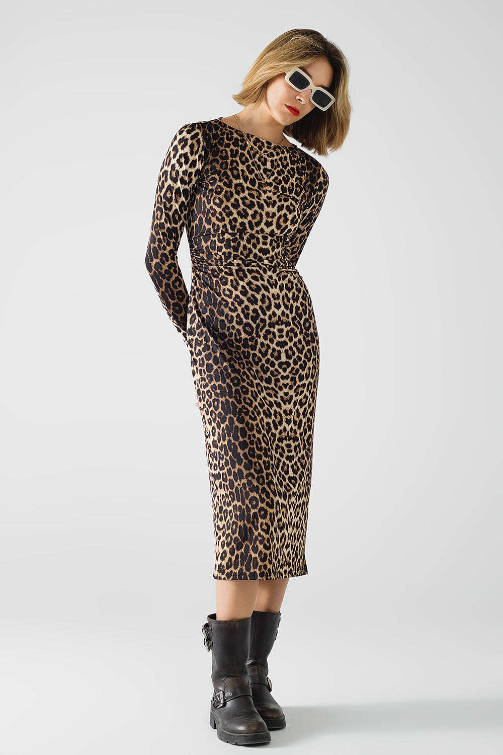 Leopard print Spandex dress with pleat detail at the waist Q2 Dresses BoutiqueLua