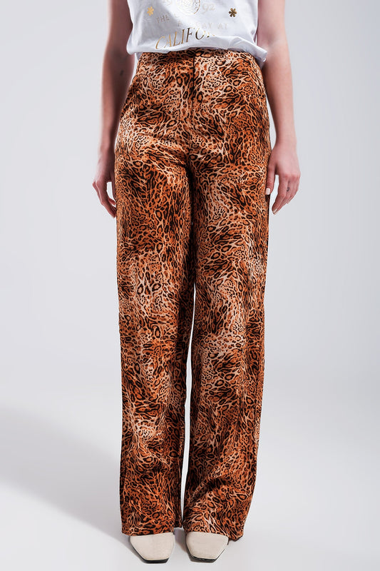 Q2 Leopard print wide leg pants in Brown