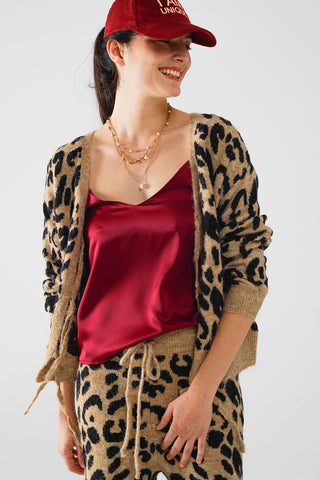 Cardigan de manga comprida com estampa de leopardo e detalhe de laços