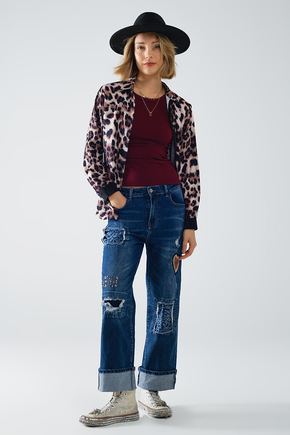 leopard shirt with black satin detail Q2 Shirts BoutiqueLua